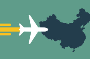 A illustrated image of a plane flying into the country of China depicting Testing Requirements for China Travel